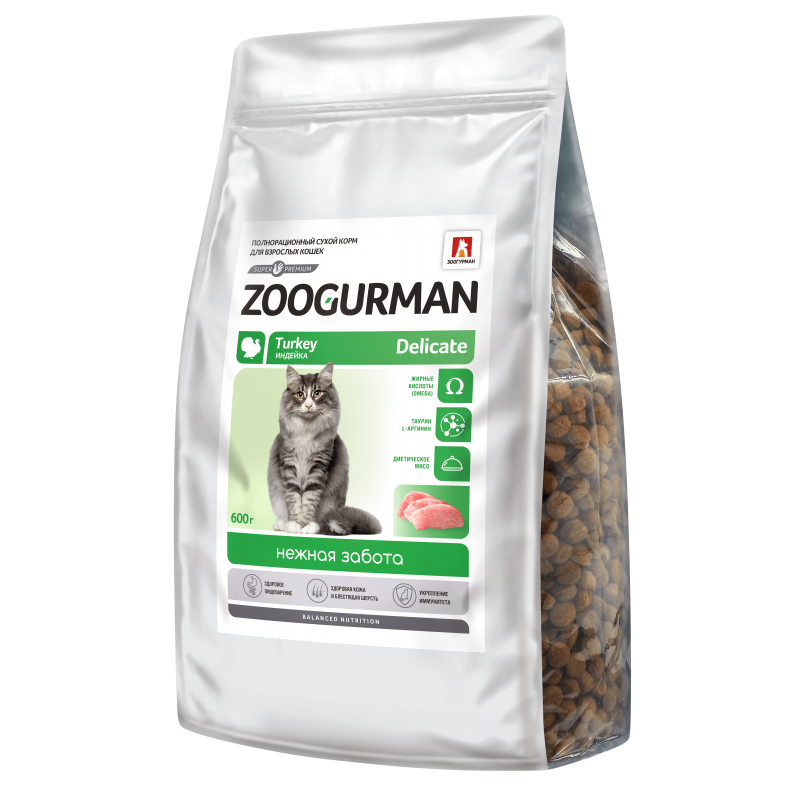 Zoogurman DELICATE сухой корм для кошек индейка, 600 гр.
