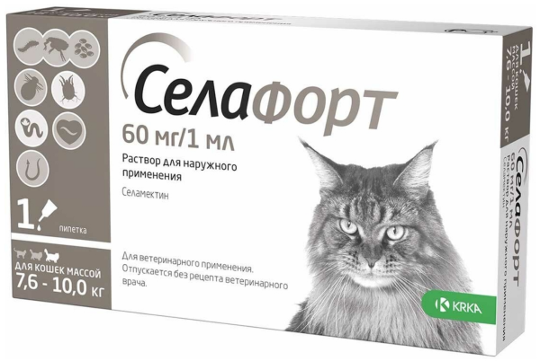 КРКА: Селафорт капли от блох, клещей, глистов для кошек и собак 7,5-10 кг, 60 мг/1 мл 