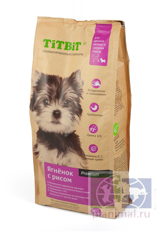 TITBIT корм сухой для щенков мелких и средних пород ягненок с рисом 3 кг