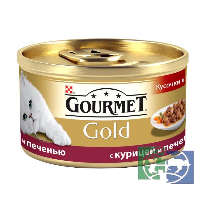 Консервы для кошек Purina Gourmet Gold, курица и печень кусочки в подливке, банка, 85 гр.