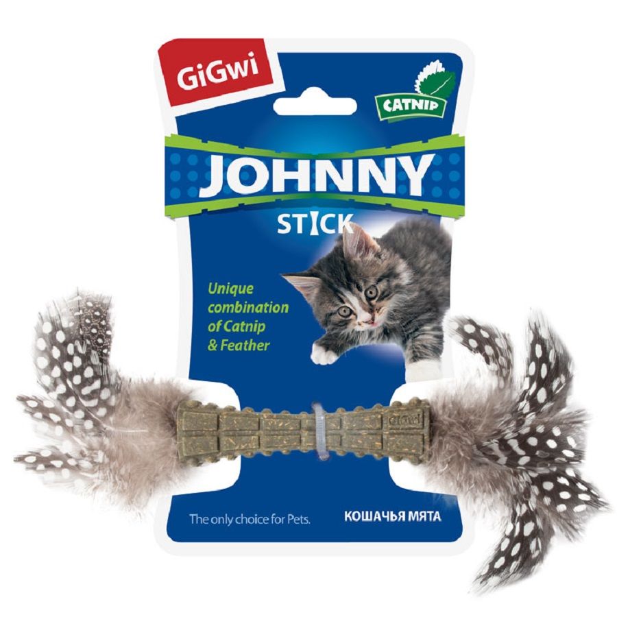 GiGwi Игрушка Палочка Johnny Stick для кошек из прессованной кошачьей мяты с перьями с 2-х сторон, 8 см, 75335