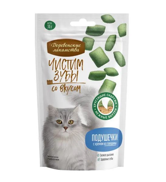 Деревенские Лакомства: Чистим зубы для кошек, Подушечки с кремом из говядины, 30 гр.