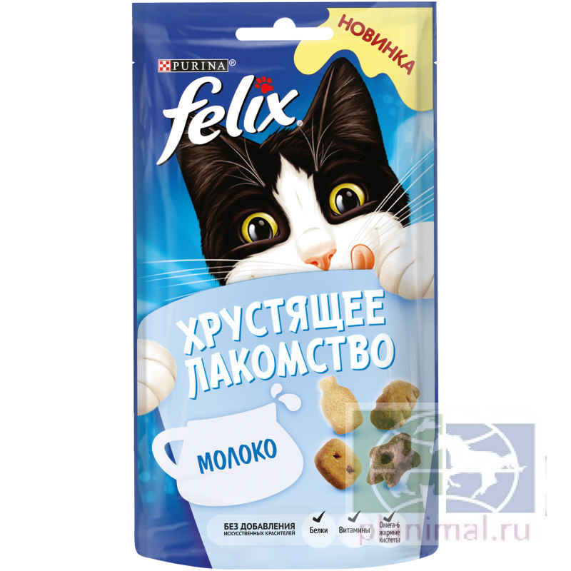 Хрустящее Лакомство Felix для взрослых кошек с молоком, пауч, 60 гр.