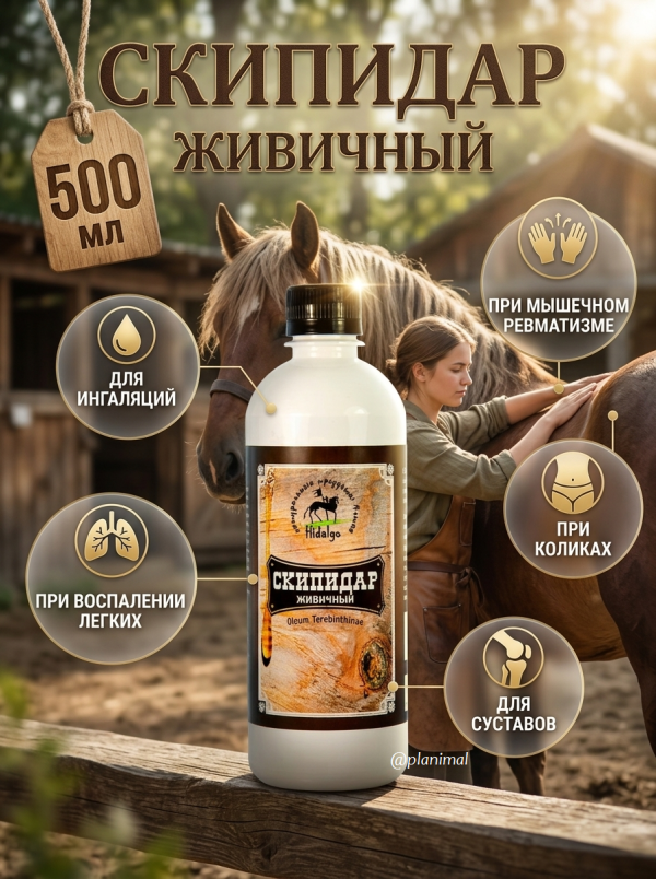 Идальго: Скипидар живичный (терпентиновое масло) при коликах, воспалении легких, мышечном ревматизме для лошадей, 500 мл