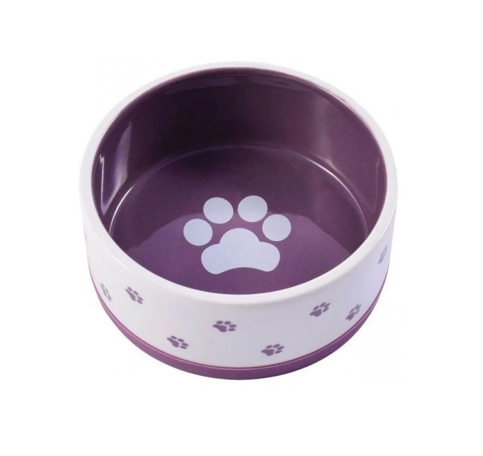 Mr.Kranch: Миска керамическая, нескользящая, для собак, белая с фиолетовым, 360 мл 