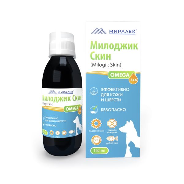Миралек: Милоджик Скин, омега 3+6, пищевая добавка для улучшения шерсти, 150 мл