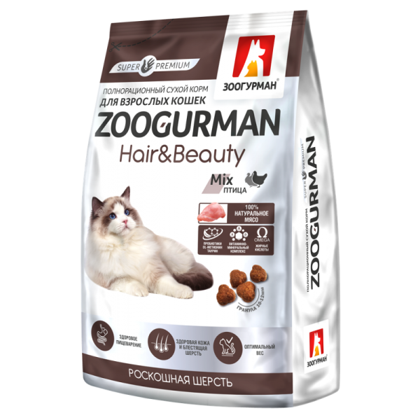 Zoogurman Hair&Beauty Роскошная шерсть, ПтицаMix сухой корм для взрослых кошек, 1,5 кг