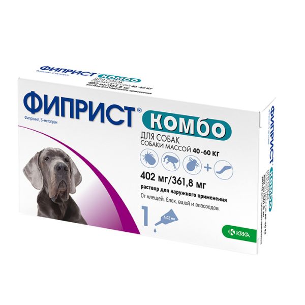 КРКА: Фиприст Комбо раствор от блох, клещей, власоедов и вшей у собак более 40-60 кг, 4,02 мг, 1 пипетка