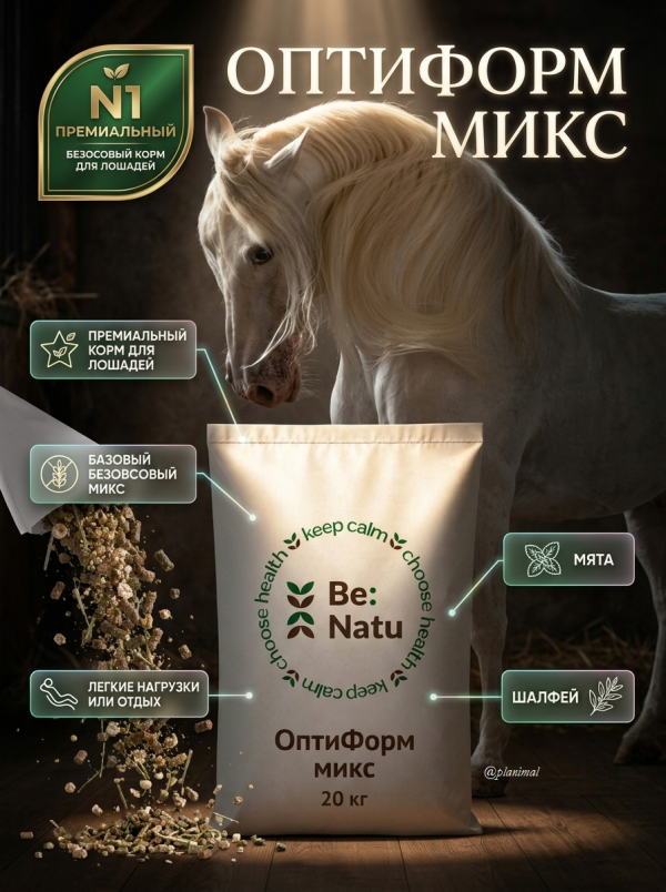 Be:Natu ОптиФорм микс базовый безовсовый для лошадей, легкие нагрузки, 20 кг 