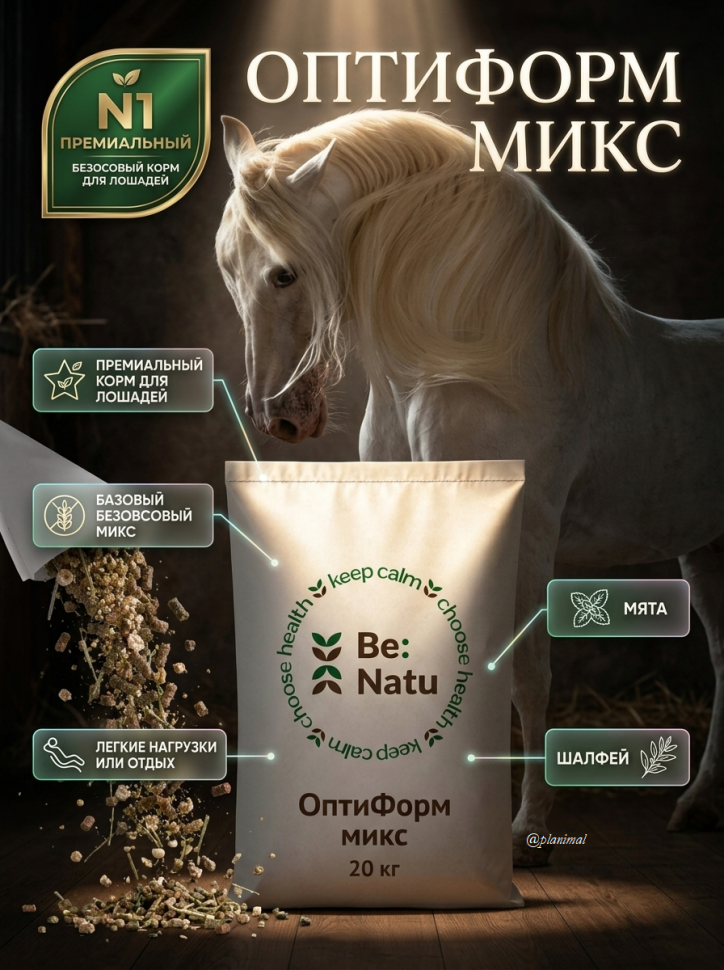 Be:Natu ОптиФорм микс базовый безовсовый для лошадей, легкие нагрузки, 20 кг 