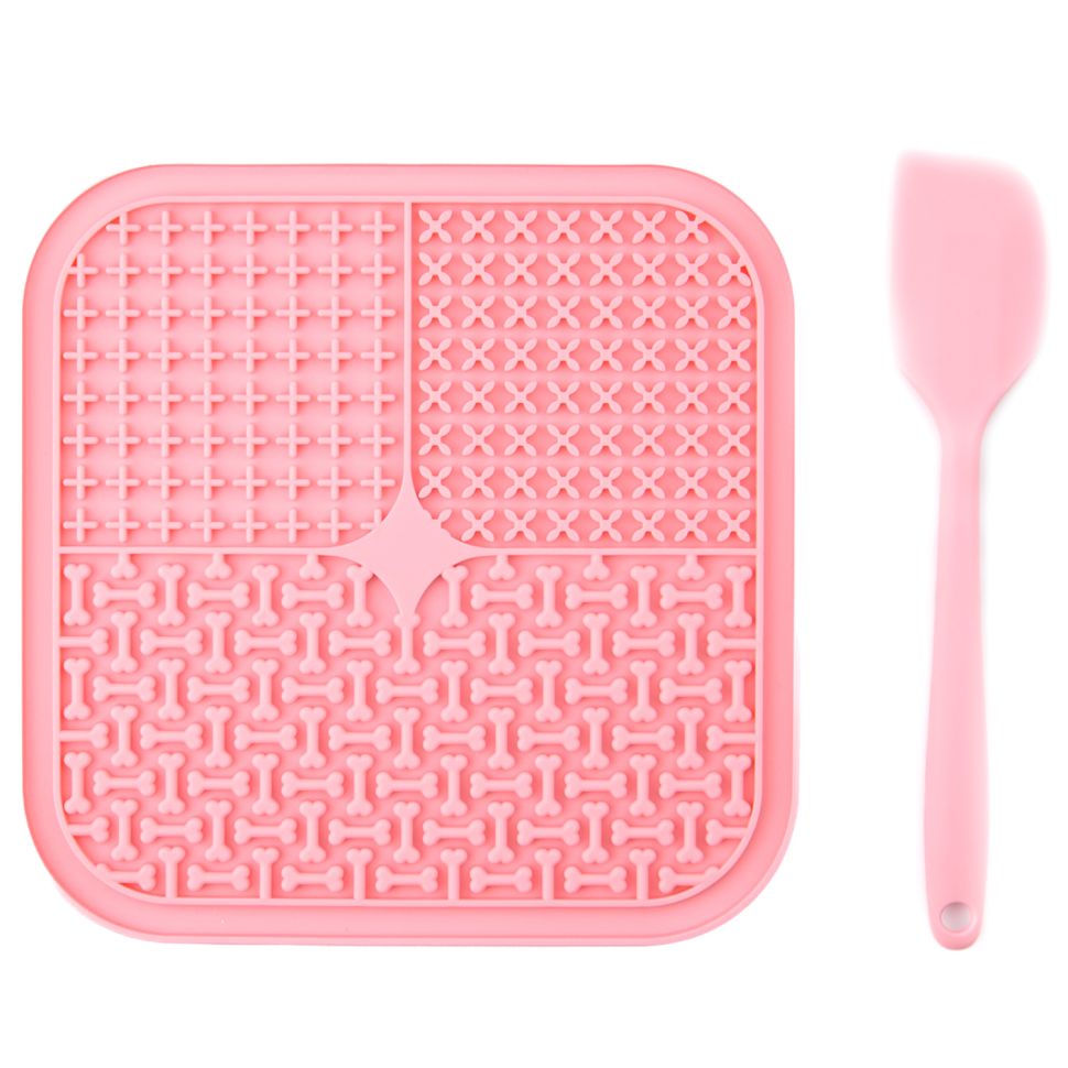 Mr.Kranch: Лизательный коврик, для медленного поедания, силиконовый, розовая с лопаткой, 20*20 см 