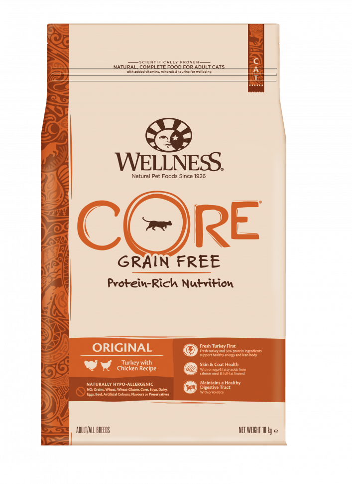 Wellness Core беззерновой корм сухой полнорационный из индейки с курицей для взрослых кошек 10 кг