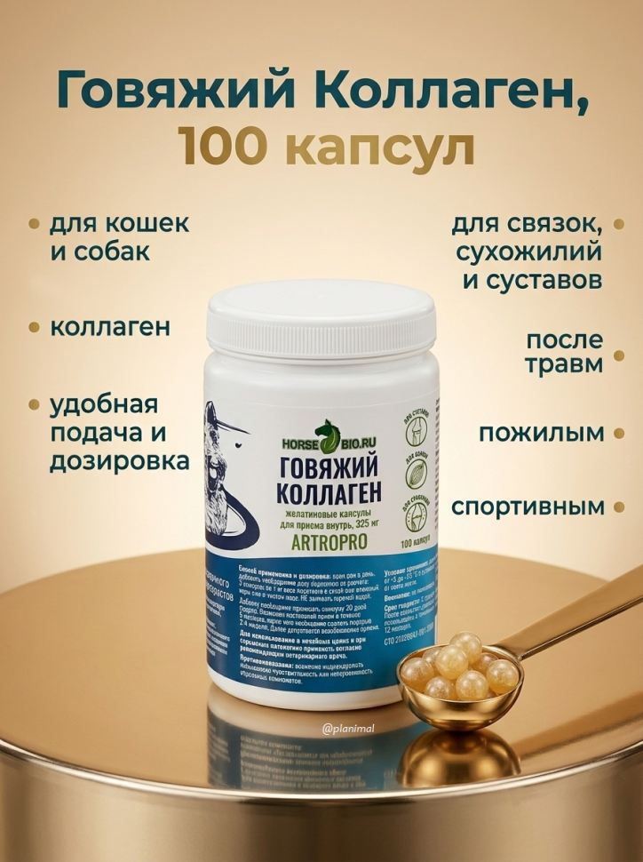Horse-bio: Желатиновые капсулы Говяжий Коллаген ArtroPro для мелких собак и кошек, 325 мг, 100 шт.