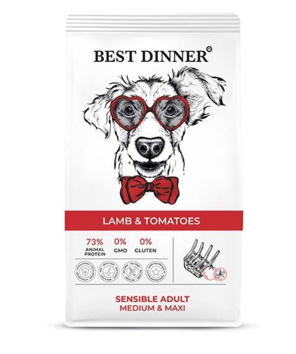 Best Dinner Sensible для собак средних и крупных пород склонных к аллергии Ягненок с томатами, 15кг
