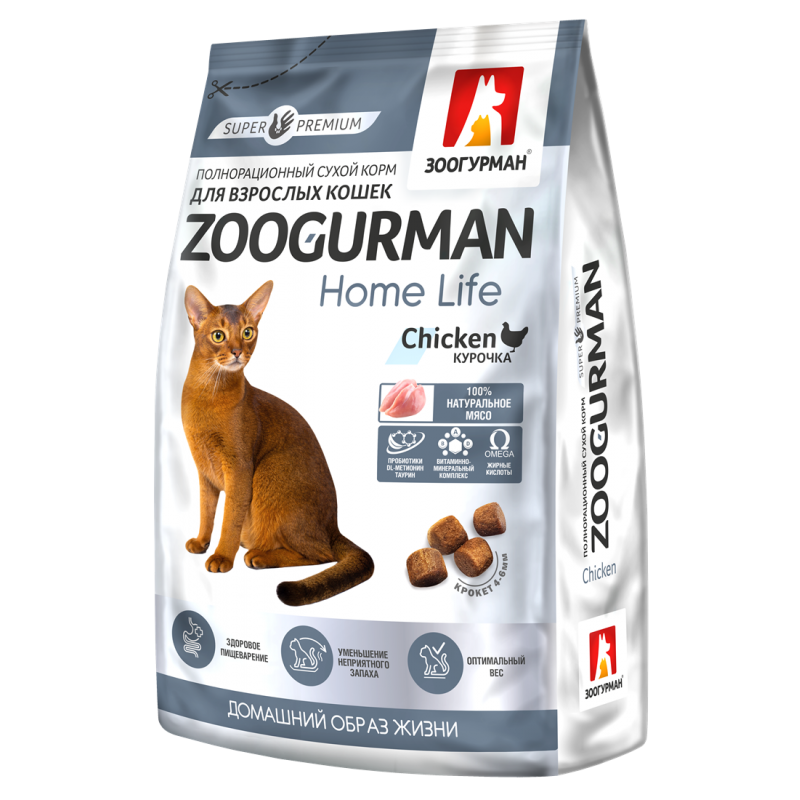 Zoogurman Home Life Домашняя жизнь, КурочкаChicken сухой корм для взрослых кошек, 1,5 кг