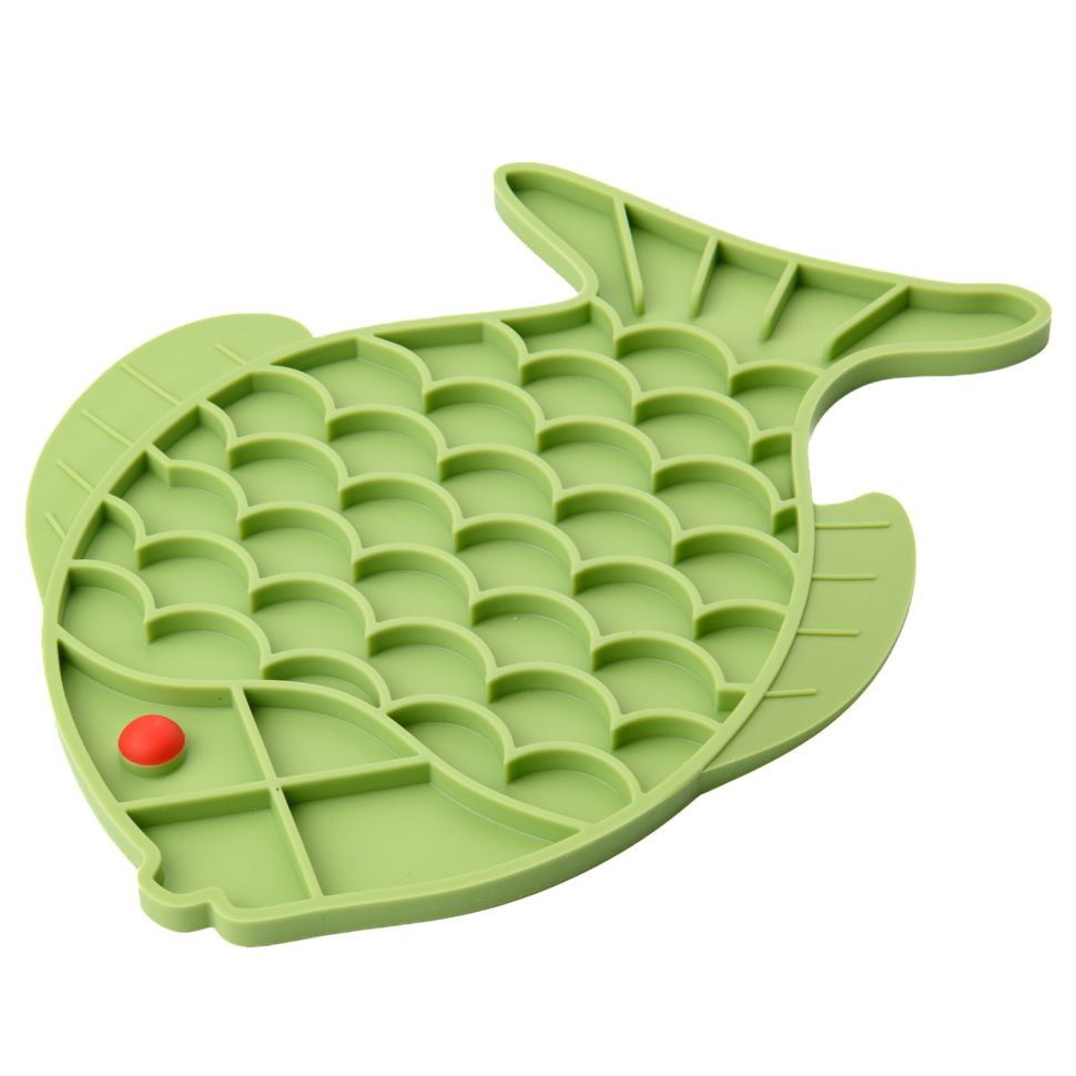 Mr.Kranch: Лизательный коврик, для медленного поедания, силиконовый, Рыбка, зеленая, 24,5*19 см 