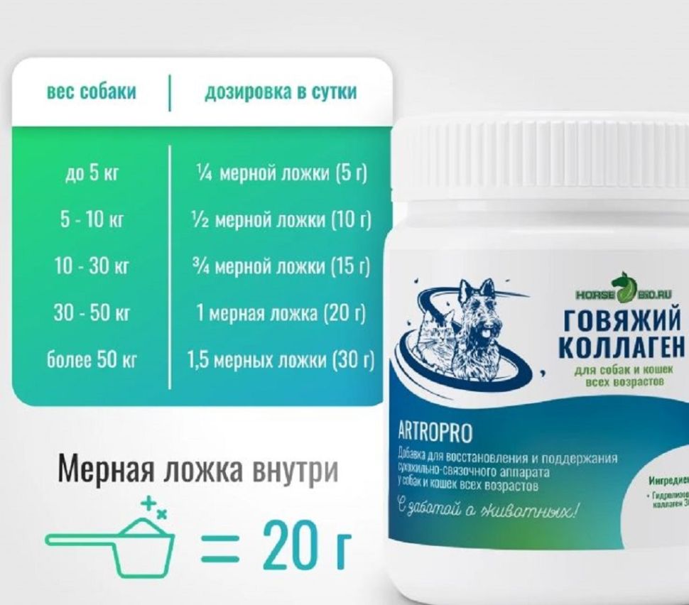 Horse-bio: Коллаген говяжий ArtroPro для восстановления сухожильно-связочного аппарата собак, 600 гр.