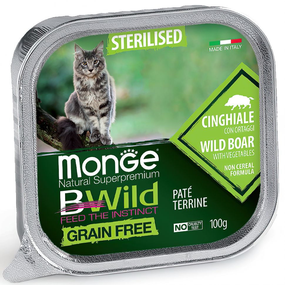Monge: Cat BWild GRAIN FREE, беззерновые консервы из кабана, с овощами, для стерилизованных кошек, 100 гр.