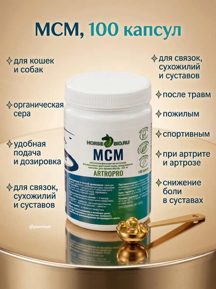 Horse-bio: Желатиновые капсулы МСМ ArtroPro для мелких собак и кошек, 525 мг, 100 шт.