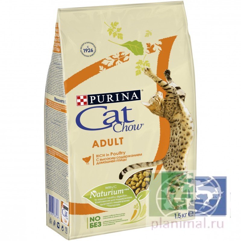 Сухой корм для взрослых кошек Purina Cat Chow, домашняя птица, пакет, 1,5 кг + 500 гр. в подарок