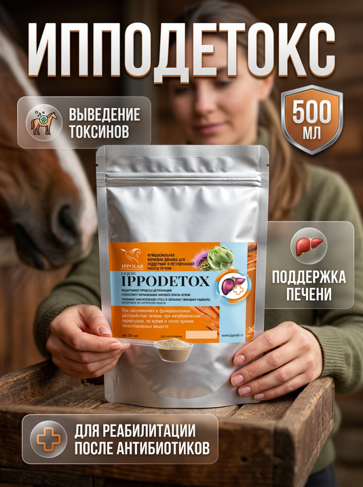 Пробио: Ипподетокс для детоксикации и поддержки печени, почек и крови лошадей, эко-пак 500 гр.