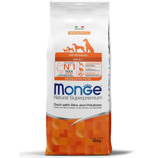 Monge: Dog Speciality, корм для собак всех пород, утка с рисом и картофелем, 12 кг