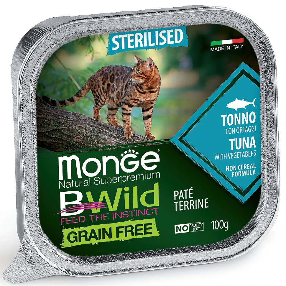Monge: Cat BWild GRAIN FREE, беззерновые консервы, из тунца с овощами, для стерилизованных кошек, 100 гр.