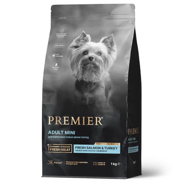 Premier: Dog Salmon&Turkey Adult Mini, сухой корм, для собак мелких пород, с лососем и индейкой, 1 кг