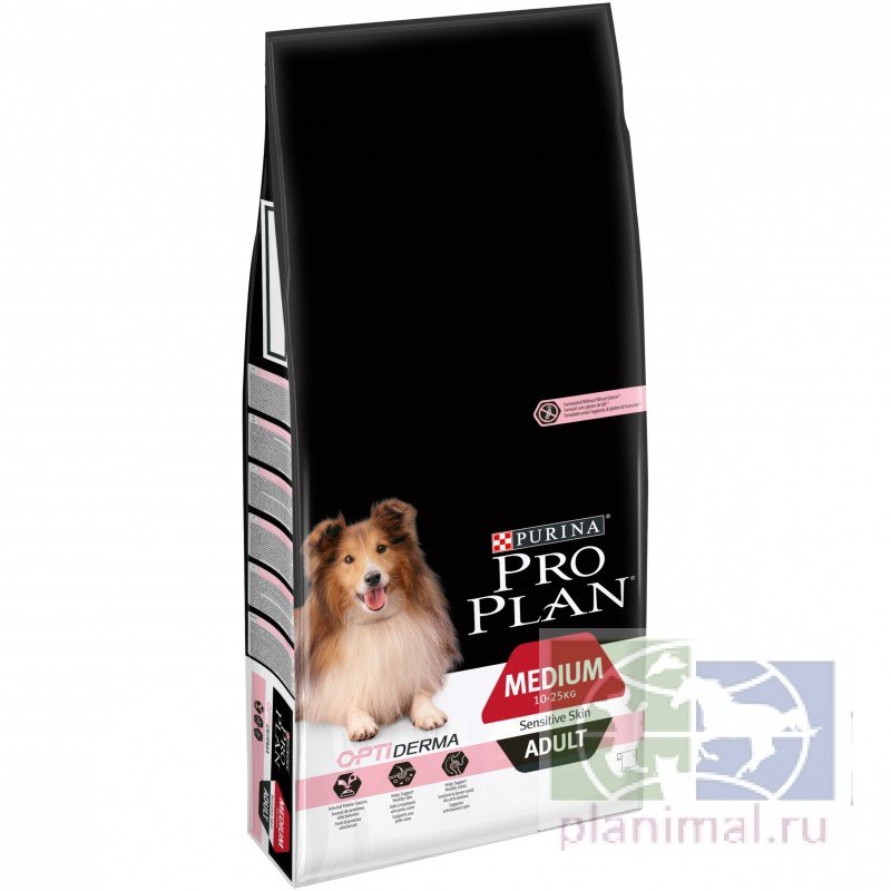 Сухой корм Purina Pro Plan для взрослых собак средних пород с чувствительной кожей, лосось с рисом, 12 кг + 2 кг в подарок