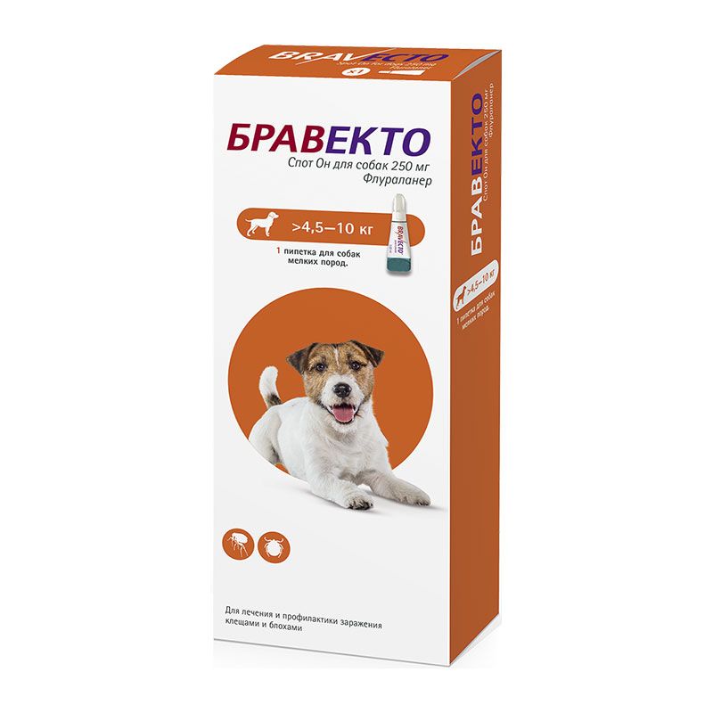 Бравекто спот Он для собак 250 мг от блох и клещей, 1 пип. на 4,5-10 кг