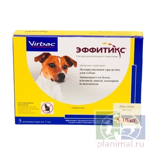 Virbac: Эффитикс,  капли от блох, клещей, мух, комаров 4-10 кгд/собак, 67 мг/600 мг, 4 пип./уп., 1 пипетка