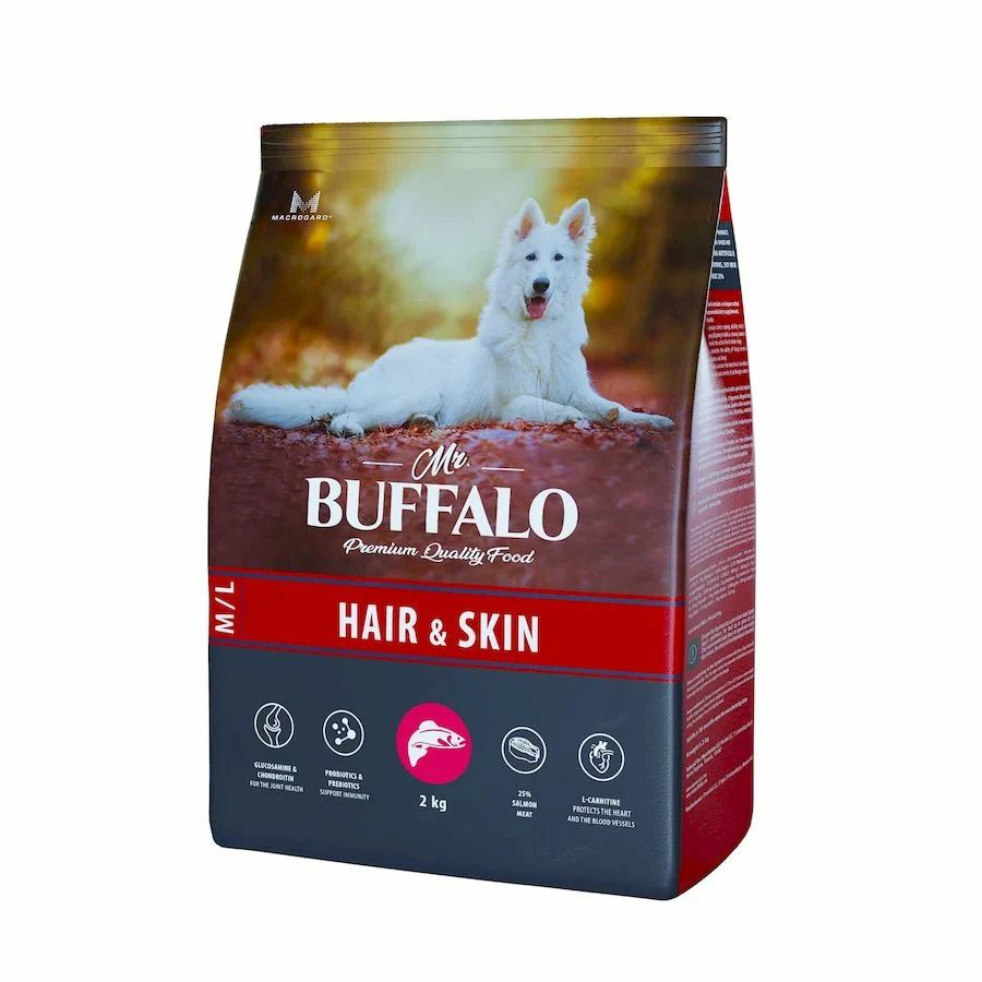 Mr. Buffalo: Hair & Skin M/L, корм с лососем, для средних и крупных собак, 2 кг