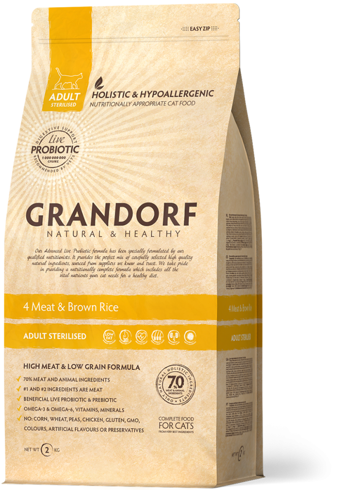 Grandorf Корм 4 Мяса с рисом Sterilised для взрослых стерилизованных  или пожилых кошек от 1 года с пробиотиками, 2 кг