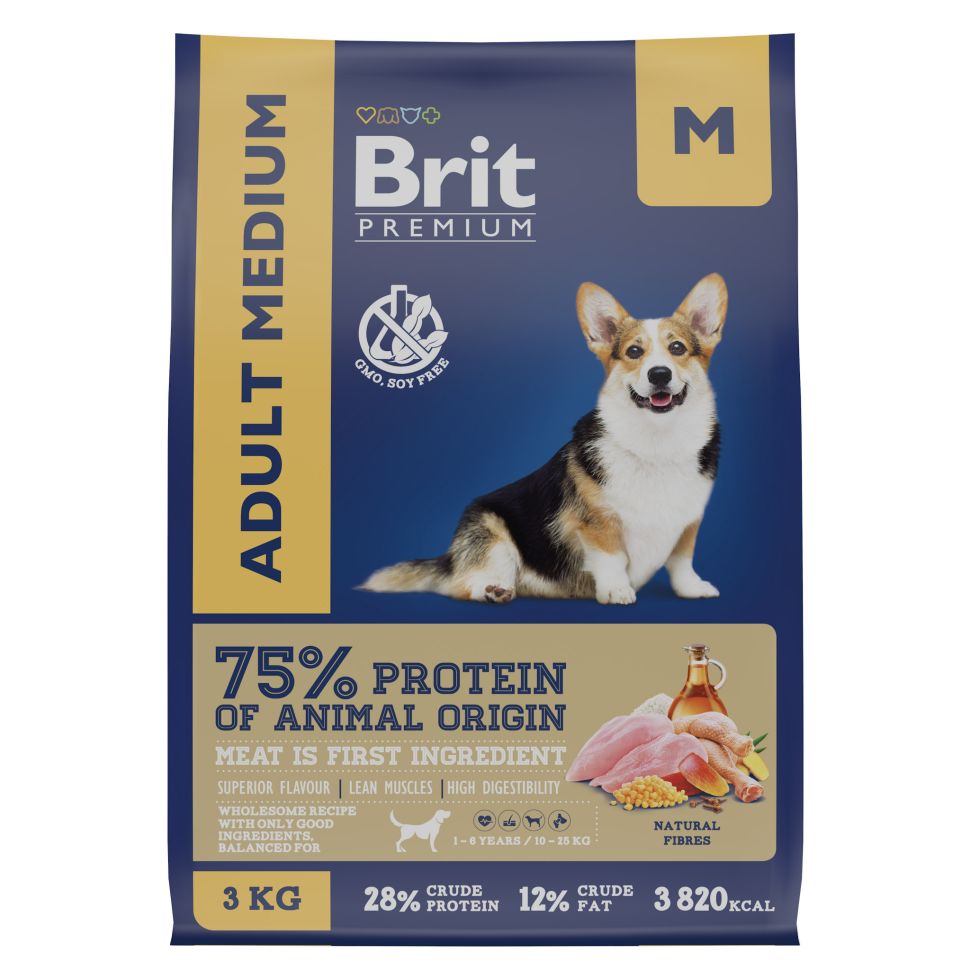 Brit: Premium Сухой корм с курицей для взрослых собак средних пород Dog Adult Medium, 3 кг