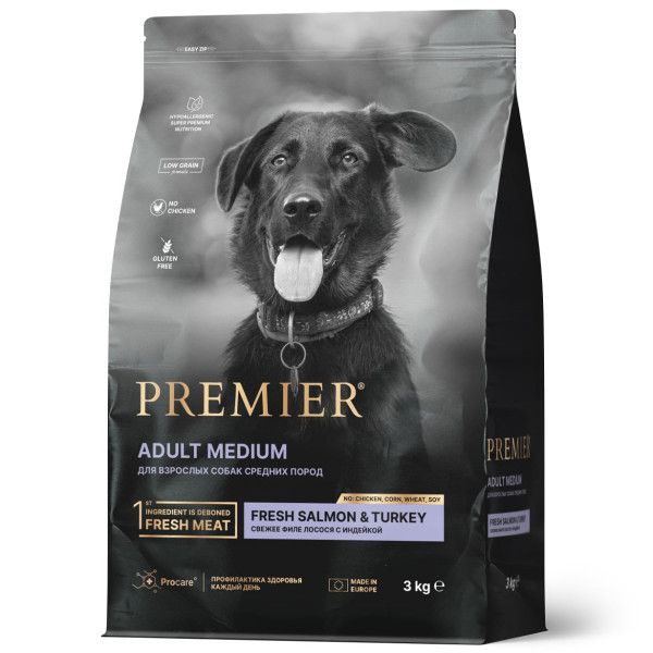 Premier: Dog Salmon&Turkey Adult Medium, сухой корм, для собак средних пород, с лососем и индейкой, 3 кг