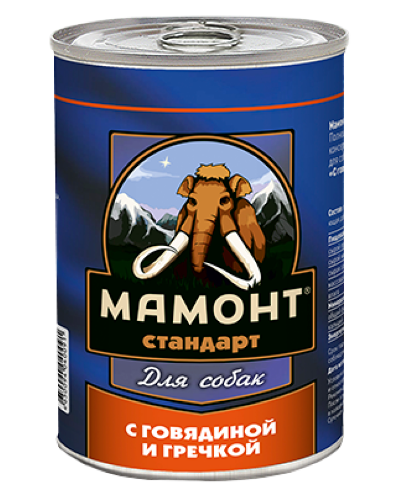 Мамонт Стандарт Говядина с гречкой, консервы для взрослых собак всех пород, 340 гр.