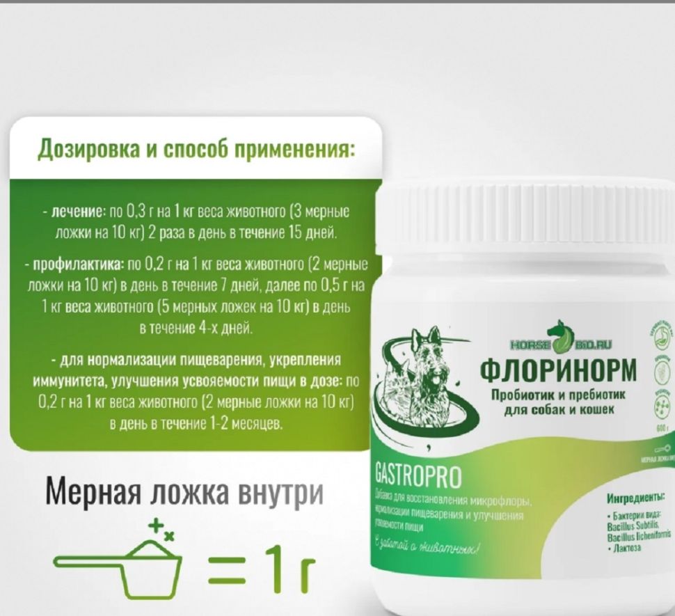 Horse-bio: Подкормка Флоринорм GastroPro пробиотик и пребиотик для собак и кошек, 600 гр.