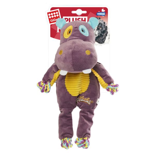 GiGwi Игрушка прочная для собак Бегемот с веревкой 34 см, серия PLUSH FRIENDZ, 85066