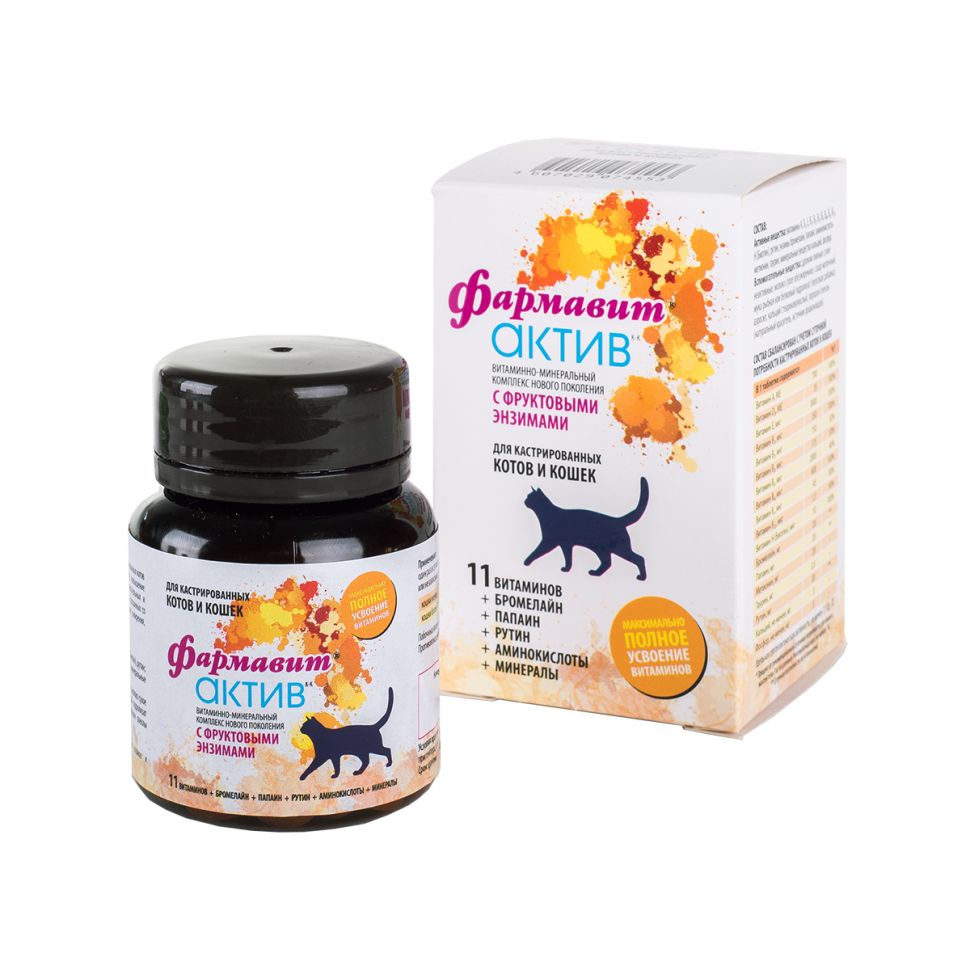 Фармакс: Фармавит Актив, витаминно-минеральный комплекс, для кастрированных котов и кошек, 60 таблеток