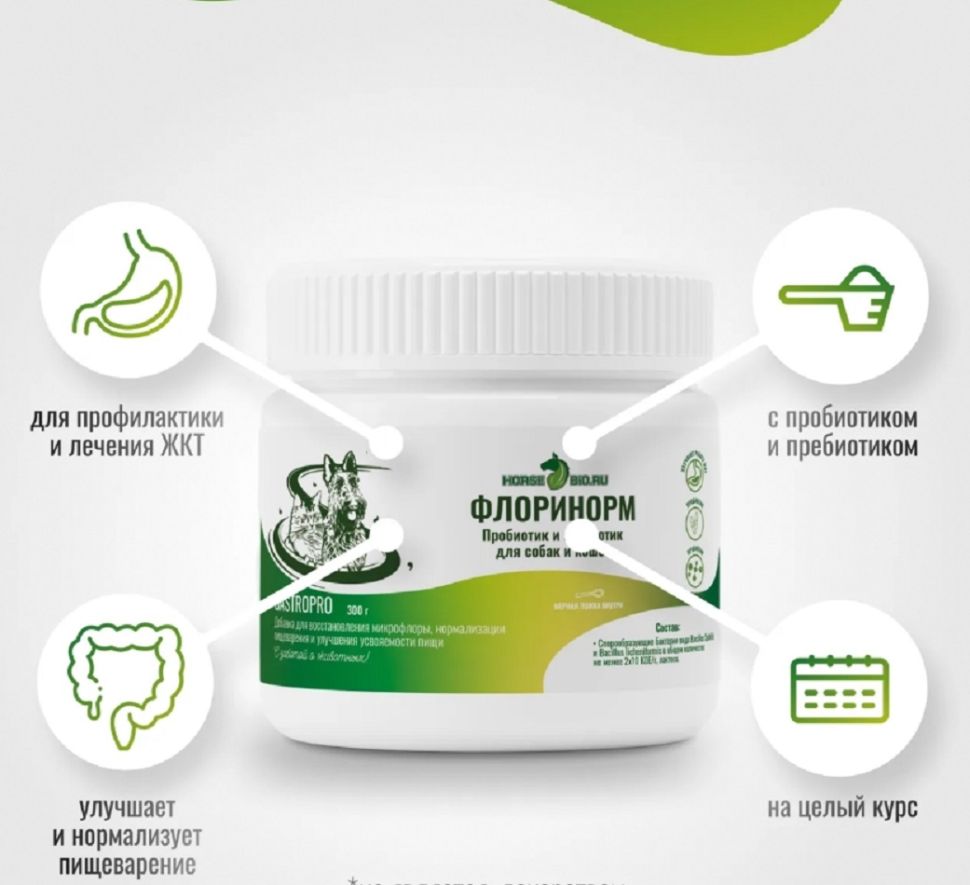 Horse-bio: Подкормка Флоринорм GastroPro пробиотик и пребиотик для собак и кошек, 300 гр.
