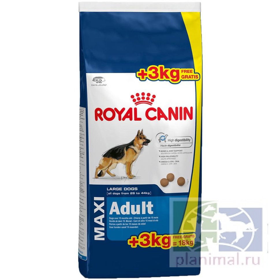 RC Maxi adult  сухой корм для взрослых собак крупных размеров (вес собаки от 25 до 45 кг) в возрасте c 15 месяцев до 5 лет, 15 кг  + 3 кг в подарок