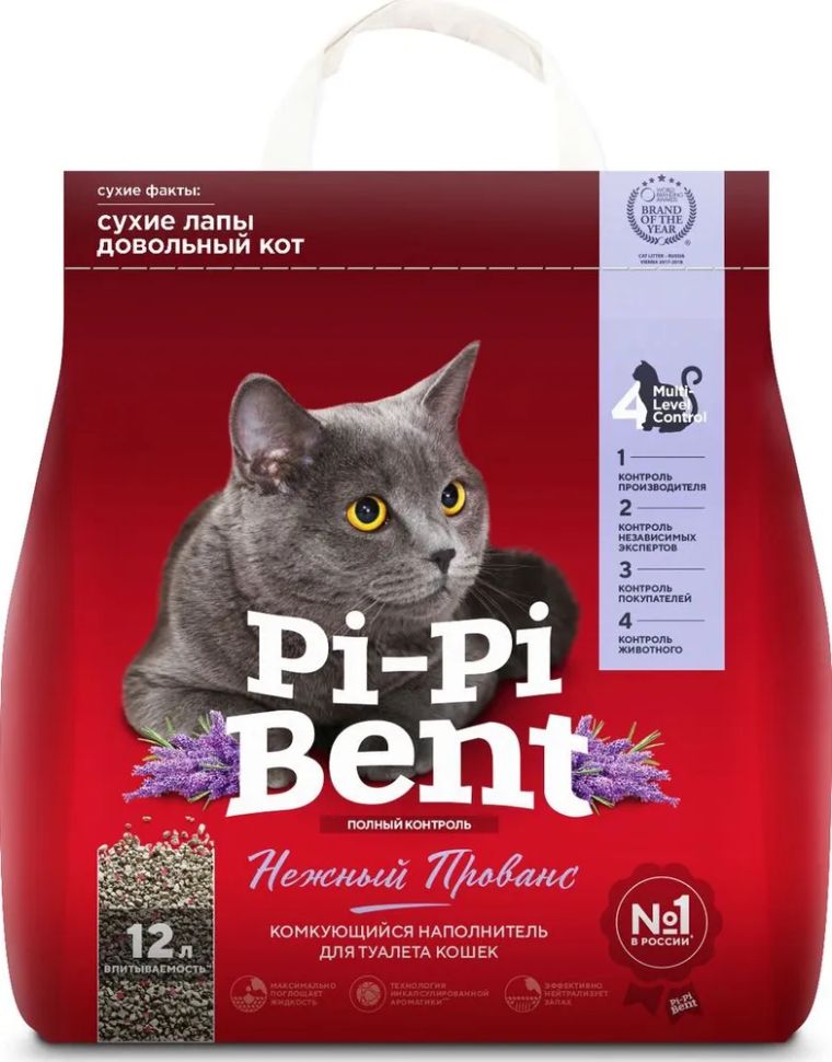 Pi-Pi Bent: Нежный прованс, комкующийся, бентонитовый наполнитель, для кошек, 5 кг, 12 л.
