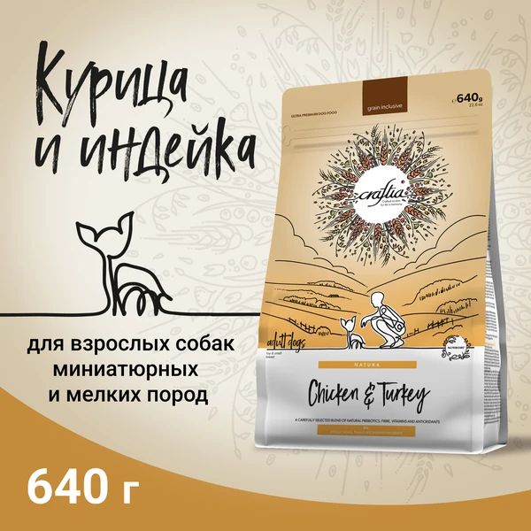 Craftia Natura: сухой корм, для взрослых собак миниатюрных и мелких пород, из курицы и индейки, 640 гр.