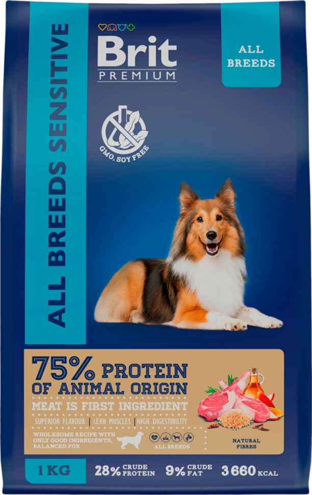 Brit: Premium Сухой корм с ягнёнком и индейкой для собак всех пород Dog Sensitive, 1 кг