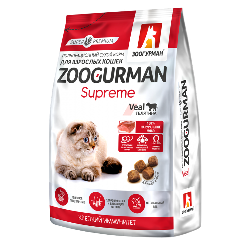 Zoogurman Supreme Крепкий иммунитет, Телятина / Veal сухой корм для взрослых кошек, 350 гр.