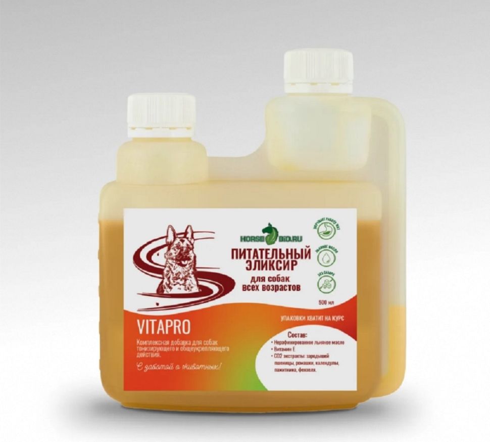 Horse-bio: Эликсир Питательный VitaPro общеукрепляющий на основе льняного масла для собак, 500 мл