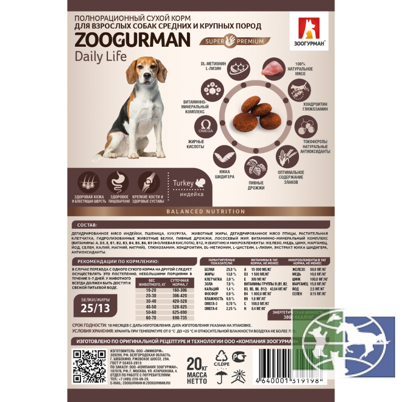 Zoogurman DAILY Life индейка корм для взрослых собак средних и крупных пород, 20 кг