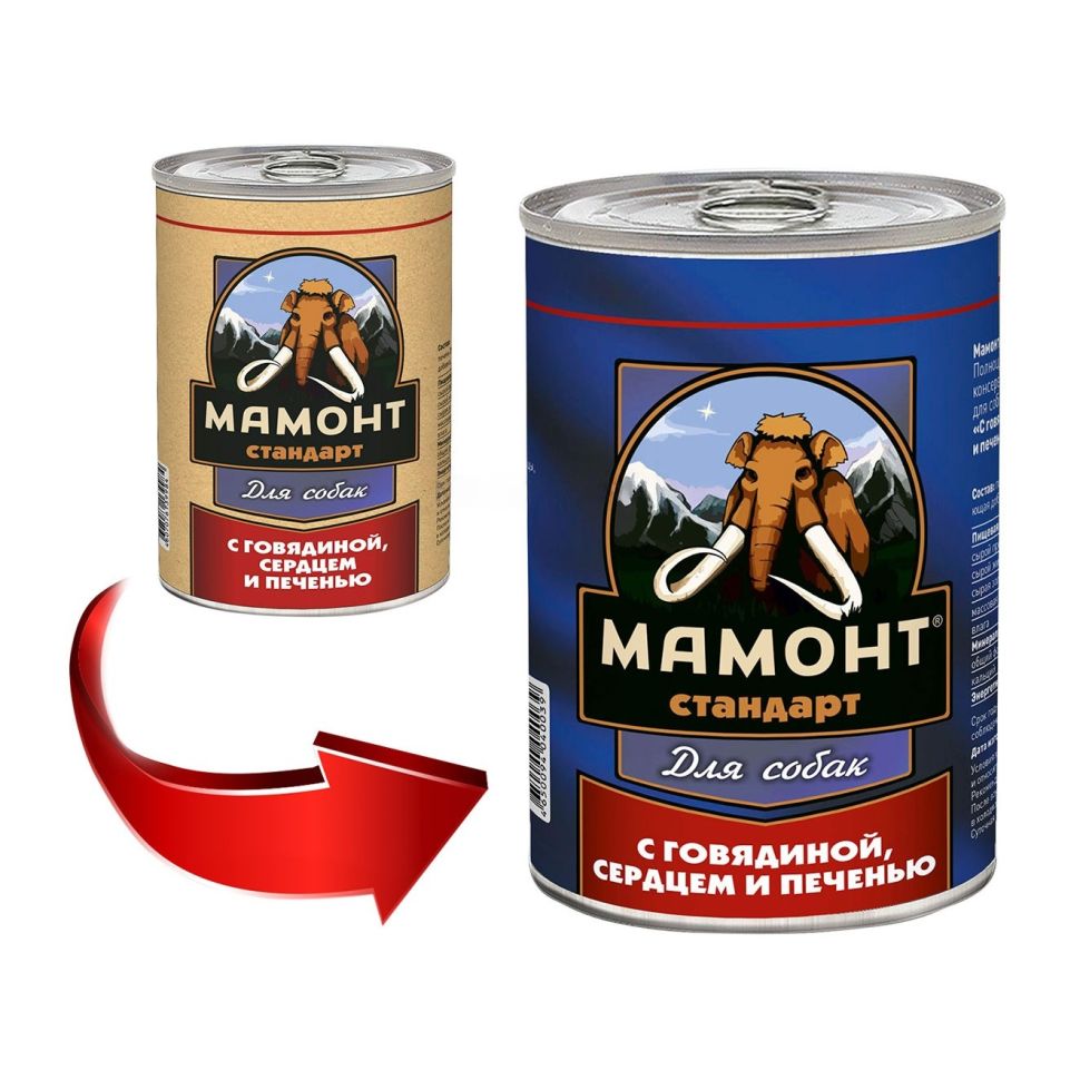 Мамонт: Стандарт Говядина с сердцем и печенью, консервы для взрослых собак всех пород, 340 гр
