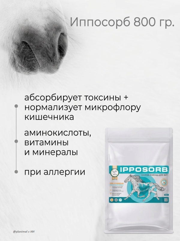 Пробио: Иппосорб, пробиотический энтеросорбент для лошадей, 0,8 кг на 1 курс, эко-пак
