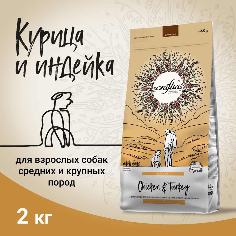 Craftia Natura: сухой корм, для взрослых собак средних и крупных пород, из курицы и индейки, 2 кг